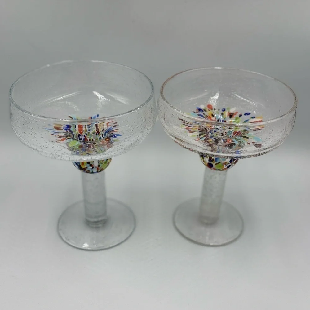 Home Studio Pair of Baja Margarita Colorful Confetti Glasses Hand Blown
